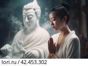 Chinese lady pray buddha. Generate AI. Стоковое AI-изображение, AI-художник Иван Рябоконь / Фотобанк Лори