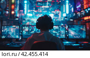 Gamer in neon-lit room playing on multiple monitors. Стоковое AI-изображение, AI-художник Антон Гвоздиков / Фотобанк Лори