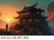 Chinese house sunset. Generate AI. Стоковое AI-изображение, AI-художник Иван Рябоконь / Фотобанк Лори