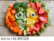 Funny Food Face Made Of Fruits And Vegetables On Wooden Background. Стоковое AI-изображение, AI-художник Юрий Поздников / Фотобанк Лори