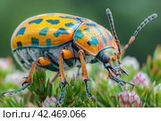 Colorful Bug Resting on Green Leaf Surrounded by Pink Flowers in Natures Beauty. Стоковое AI-изображение, AI-художник Юрий Поздников / Фотобанк Лори
