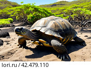 Galápagos tortoise (Chelonoidis elephantopus) in tropical Galapagos island. Giant turtle (tortuga) in animal world. Observation of wildlife area. Holiday adventure in Ecuador. Стоковое AI-изображение, AI-художник Aleksandr Golubev / Фотобанк Лори
