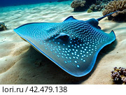 Blue spotted stingray (Myliobatoidei) cartilaginous fish on sandy bottom in tropical underwaters. Skate in underwater wild animal world. Observation of wildlife ocean. Scuba diving in Ecuador coast. Стоковое AI-изображение, AI-художник Aleksandr Golubev / Фотобанк Лори