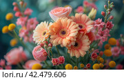 Vibrant Blooms Bouquet Featuring Peachy Keen Gerberas and Friends. Стоковое AI-изображение, AI-художник Юрий Поздников / Фотобанк Лори