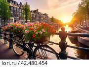 Bicycle amsterdam bridge evening. Generate Ai. Стоковое AI-изображение, AI-художник Иван Рябоконь / Фотобанк Лори