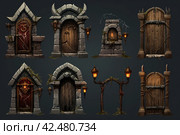 Vampire gate game asset with wooden door. Generate Ai. Стоковое AI-изображение, AI-художник Иван Рябоконь / Фотобанк Лори