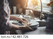 Woman washing dishes in kitchen. Generate ai. Стоковое AI-изображение, AI-художник Иван Рябоконь / Фотобанк Лори