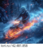 An illustration of an athlete on a snowmobile. Extreme sports. Design of clothes, albums, notebooks. Sports banners. Стоковое AI-изображение, AI-художник Ирина Ручушкина / Фотобанк Лори