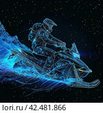 An illustration of an athlete on a snowmobile. Extreme sports. Design of clothes, albums, notebooks. Sports banners. Стоковое AI-изображение, AI-художник Ирина Ручушкина / Фотобанк Лори
