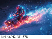 An illustration of an athlete on a snowmobile. Extreme sports. Design of clothes, albums, notebooks. Sports banners. Стоковое AI-изображение, AI-художник Ирина Ручушкина / Фотобанк Лори