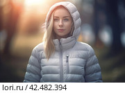 Female model in white jacket with hood. Generate ai. Стоковое AI-изображение, AI-художник Иван Рябоконь / Фотобанк Лори