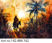 Watercolor drawing on a biblical theme. Jesus Christ on a donkey among palm trees. Стоковое AI-изображение, AI-художник Ярославский Максим / Фотобанк Лори