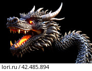 Generative Ai illustration of Fire chinese dragon head with flame fire. Logotype design concept. Cartoon illustration. Copy ad text space. Стоковое AI-изображение, AI-художник Aleksandr Golubev / Фотобанк Лори