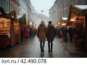 Couple on Europe Christmas fair market. Generate ai. Стоковое AI-изображение, AI-художник Иван Рябоконь / Фотобанк Лори