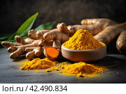 Aromatic turmeric powder and raw roots. Generate Ai. Стоковое AI-изображение, AI-художник Иван Рябоконь / Фотобанк Лори