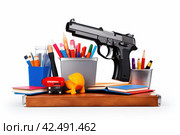 School stationery and gun isolated on white desktop. Generate Ai. Стоковое AI-изображение, AI-художник Иван Рябоконь / Фотобанк Лори