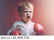 Angry little boxer with gloves. Generate ai. Стоковое AI-изображение, AI-художник Иван Рябоконь / Фотобанк Лори