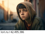 Sad boy living in poverty background. Generate ai. Стоковое AI-изображение, AI-художник Иван Рябоконь / Фотобанк Лори