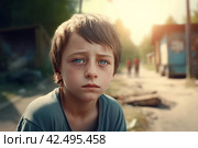 Sad boy living in poverty at village street. Generate ai. Стоковое AI-изображение, AI-художник Иван Рябоконь / Фотобанк Лори