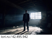 Silhouette fbi agent warehouse light window. Generate Ai. Стоковое AI-изображение, AI-художник Иван Рябоконь / Фотобанк Лори