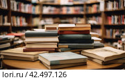 Много книг на столе в библиотеке. День книги. Стоковое AI-изображение, AI-художник Терехова Марина / Фотобанк Лори