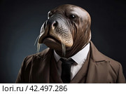 Anthropomorphic walrus dressed suit. Generate Ai. Стоковое AI-изображение, AI-художник Иван Рябоконь / Фотобанк Лори