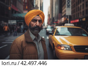 Sikh adult taxi driver city street. Generate AI. Стоковое AI-изображение, AI-художник Иван Рябоконь / Фотобанк Лори