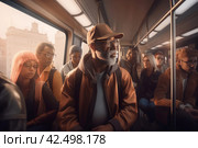 Group people morning start in public transport. Generate Ai. Стоковое AI-изображение, AI-художник Иван Рябоконь / Фотобанк Лори