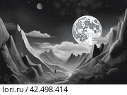Monochrome art of moon in mountain hills. Generate ai. Стоковое AI-изображение, AI-художник Иван Рябоконь / Фотобанк Лори