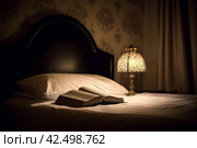 Open book on bed illuminated with lamp. Generate ai. Стоковое AI-изображение, AI-художник Иван Рябоконь / Фотобанк Лори