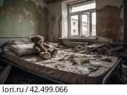 Bear on hospital bed, bombed city. Generate Ai. Стоковое AI-изображение, AI-художник Иван Рябоконь / Фотобанк Лори