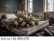 Bouquet of flowers on hospital bed, bombed city. Generate Ai. Стоковое AI-изображение, AI-художник Иван Рябоконь / Фотобанк Лори