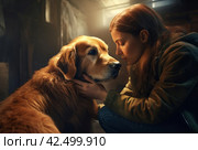 Woman embracing golden Retriever dog. Generate ai. Стоковое AI-изображение, AI-художник Иван Рябоконь / Фотобанк Лори