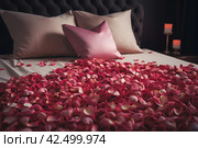 Romance bed covered with rose petals. Generate ai. Стоковое AI-изображение, AI-художник Иван Рябоконь / Фотобанк Лори