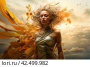 Blonde woman with yellow feathers in blowy waves. Generate ai. Стоковое AI-изображение, AI-художник Иван Рябоконь / Фотобанк Лори
