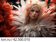 Blonde fantasy woman dressed with fluffy birds feathers. Generate ai. Стоковое AI-изображение, AI-художник Иван Рябоконь / Фотобанк Лори