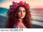 Woman curly pink flower. Generate Ai. Стоковое AI-изображение, AI-художник Иван Рябоконь / Фотобанк Лори