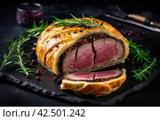 Beef wellington dish food. Generate Ai. Стоковое AI-изображение, AI-художник Иван Рябоконь / Фотобанк Лори