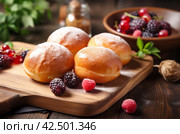 Fried crumpets food on wooden board. Generate Ai. Стоковое AI-изображение, AI-художник Иван Рябоконь / Фотобанк Лори