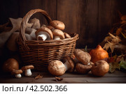Mushroom boletus full basket. Generate ai. Стоковое AI-изображение, AI-художник Иван Рябоконь / Фотобанк Лори