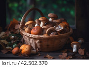 Mushroom autumn boletus in wicker basket. Generate ai. Стоковое AI-изображение, AI-художник Иван Рябоконь / Фотобанк Лори