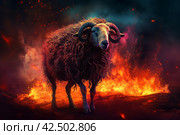 Nightmare ram burning in fire flames. Generate ai. Стоковое AI-изображение, AI-художник Иван Рябоконь / Фотобанк Лори