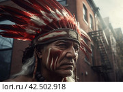 Indian chief with feather crown on city street. Generate ai. Стоковое AI-изображение, AI-художник Иван Рябоконь / Фотобанк Лори