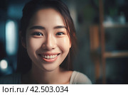 Beautiful Asian young lady smile. Generate ai. Стоковое AI-изображение, AI-художник Иван Рябоконь / Фотобанк Лори