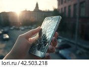 Broken phone hand city sunrise. Generate Ai. Стоковое AI-изображение, AI-художник Иван Рябоконь / Фотобанк Лори