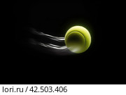 Flying tennis ball on black background. Generate ai. Стоковое AI-изображение, AI-художник Иван Рябоконь / Фотобанк Лори