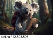 Koala hiker with map and backpack. Generate ai. Стоковое AI-изображение, AI-художник Иван Рябоконь / Фотобанк Лори