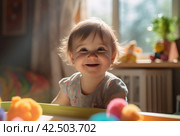 Joyful toddler portrait giggling at kitchen. Generate Ai. Стоковое AI-изображение, AI-художник Иван Рябоконь / Фотобанк Лори