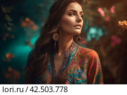 Beautiful woman wearing clothing with colorful prints. Generate ai. Стоковое AI-изображение, AI-художник Иван Рябоконь / Фотобанк Лори