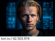 Blond guy with disheveled hair. Generate ai. Стоковое AI-изображение, AI-художник Иван Рябоконь / Фотобанк Лори
